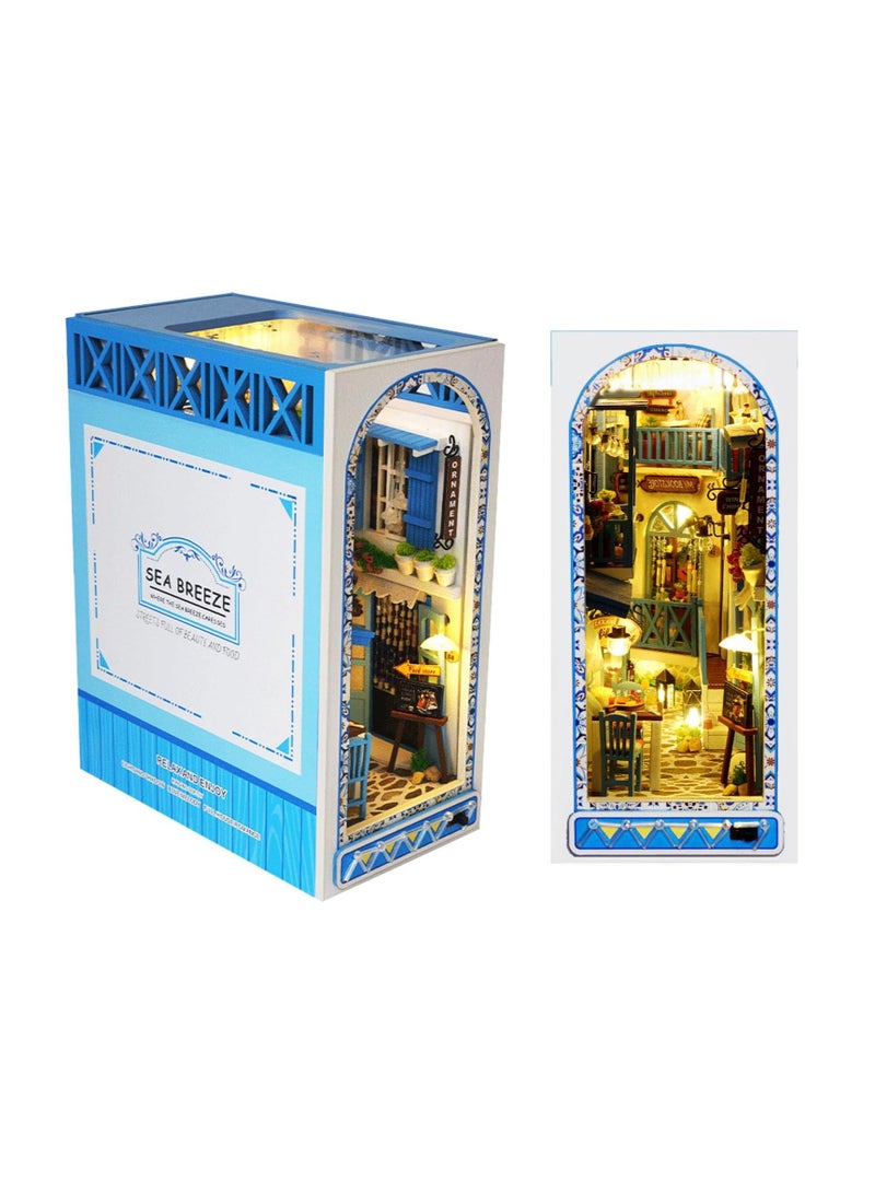 DIY Book Corner Kit, 3D Wooden Puzzle Book Corner, Decorative Bookends, Bookshelf Insert Decorative Alley with Furniture and LED Lights for Birthday Home Desk Decoration (Sea Breeze Realm) - Image 1